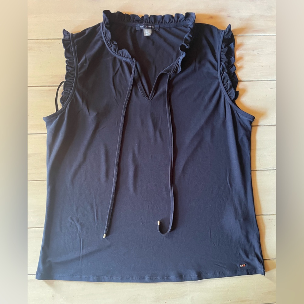 Tommy Hilfiger Sleeveless Tie Neck Ruffle Front Blouse, Navy. Women’s, Medium.